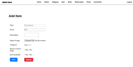 WEii Cafe admin form for adding a menu item