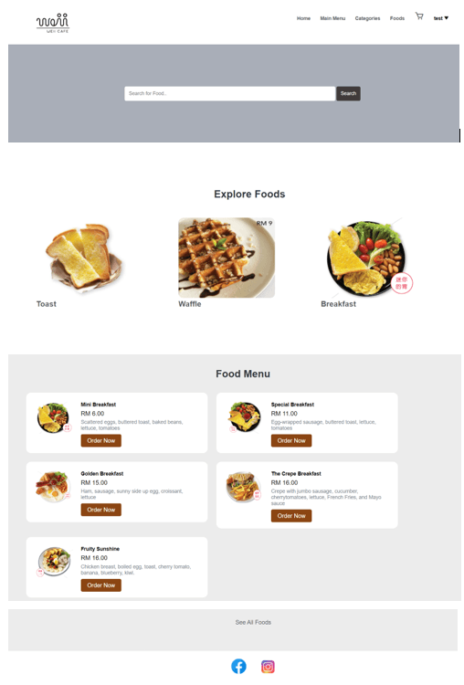 WEii Cafe customer menu page showing food items and ordering entry points