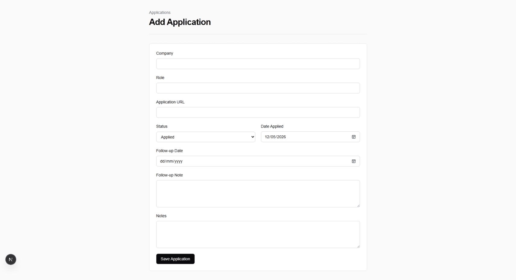 Job Tracker form for adding or editing a job application